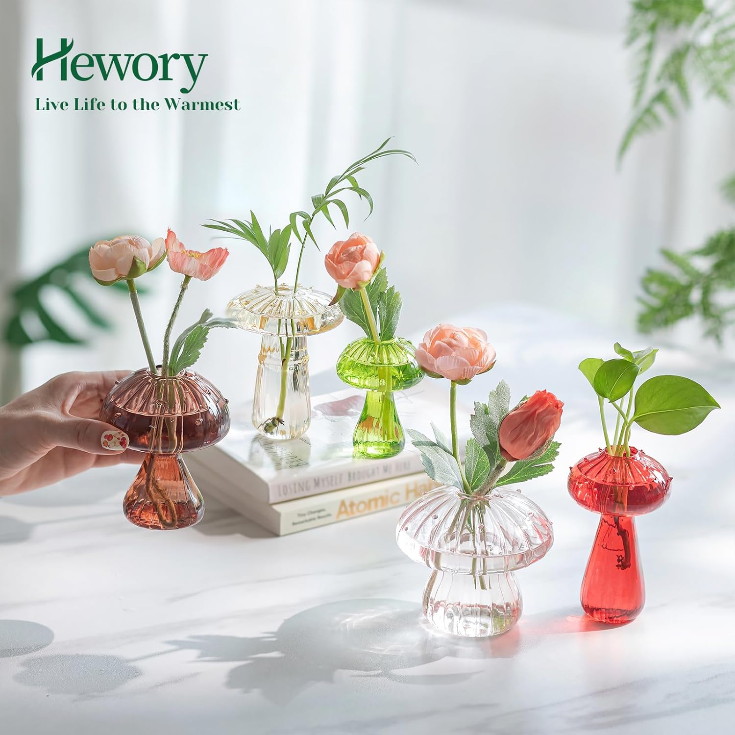 Hewory Glass Mushroom Vase for Flowers, 5pcs Colored Small Bud Flower Vases Unique, Mushroom Propagation Hydroponic Vases, Funky Cottagecore Decor for Home Room Kitchen Office Windowsill Decorations | Propagation Vases, Mushroom Decor, Gifts for Plant