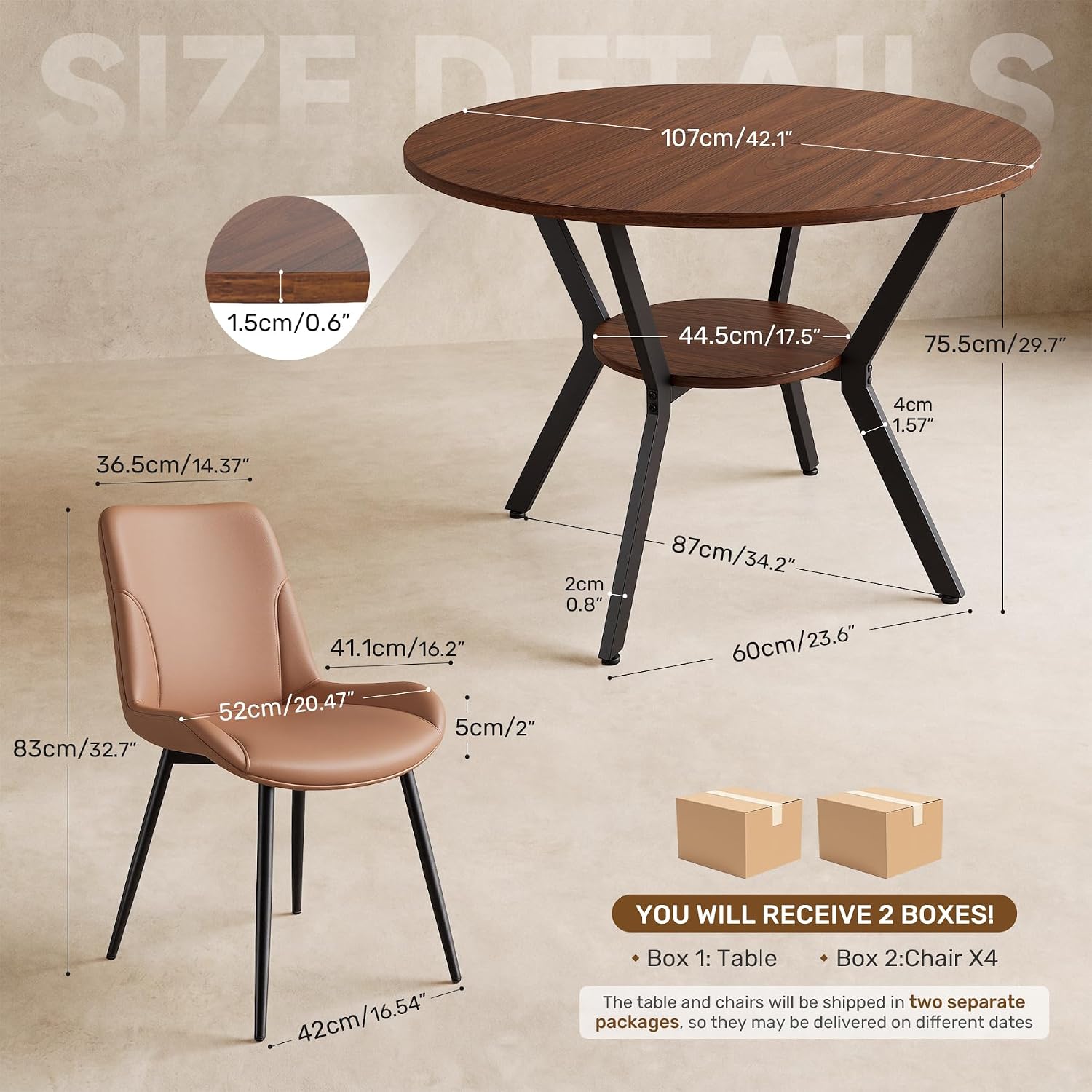 Miereirl 42.13" 5-Piece Round Dining Table Set for 4, Kitchen Table Set with 4 Upholstered Chairs and Storage Shelf, Dining Room Furniture Set for Apartment, Small Spaces