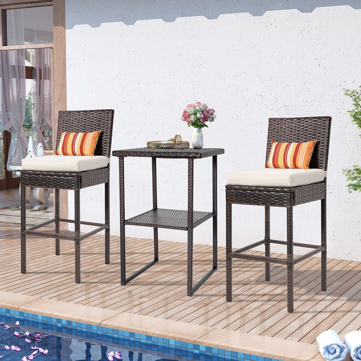 Sundale Outdoor Wicker Bar Table, 36 Inch Counter Height Patio High Top Dining Table, Rattan Bistro Pub Table with Storage Shelf for Deck Poolside Balcony Garden, Variegated Brown