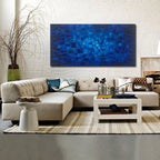 MyArton Textured Abstract Squares Canvas Wall Art Hand Painted Modern Dark Blue Oil Painting Picture for Home Decoration Ready to Hang 40x20inch