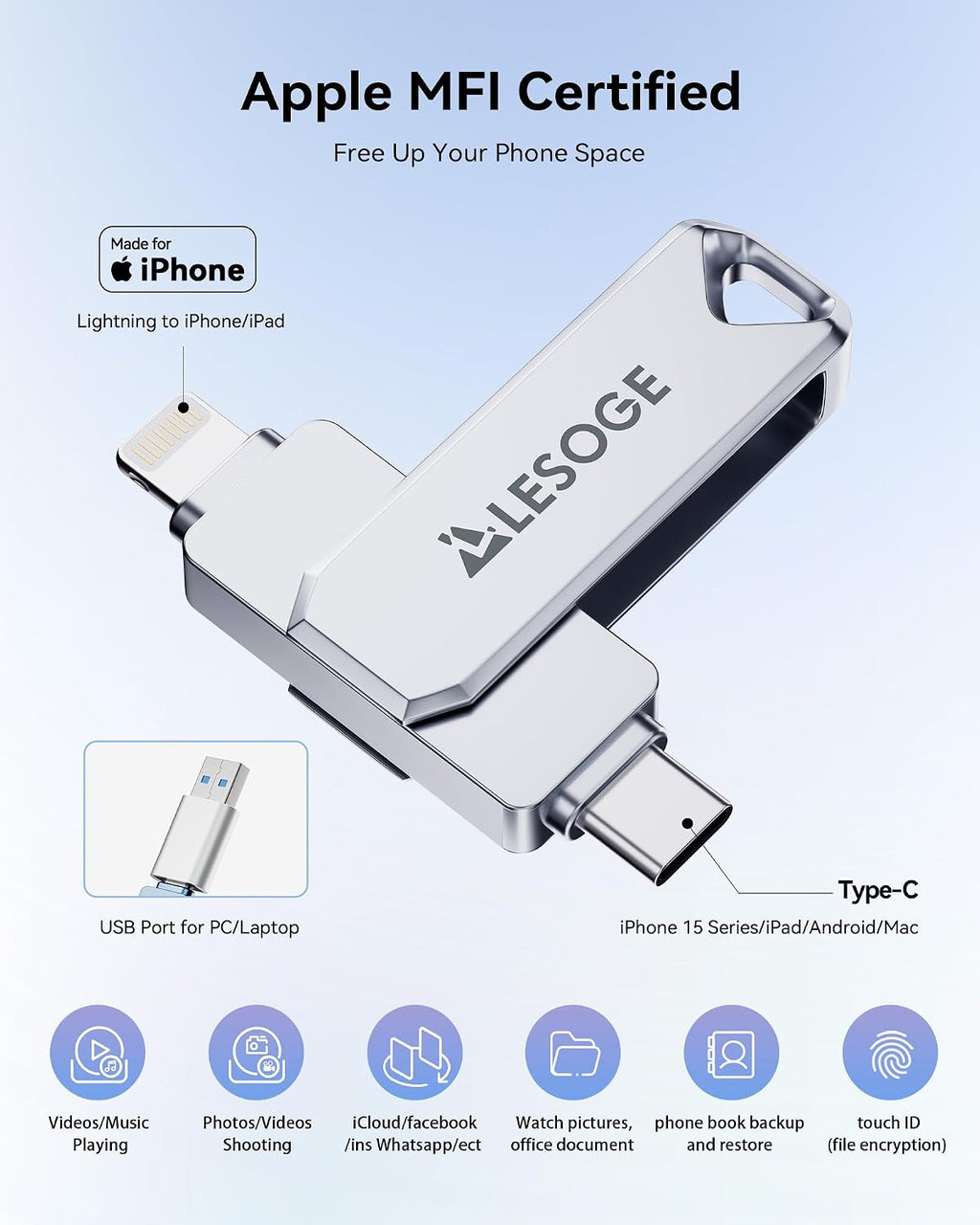 MFi Certified 256GB Flash Drive for iPhone Photo Stick Thumb Drive, USB Memory Stick iPhone Flash Drive for Photos Videos, High Speed Jump Drive External Storage for iPhone/iPad/Android/PC (Silver)