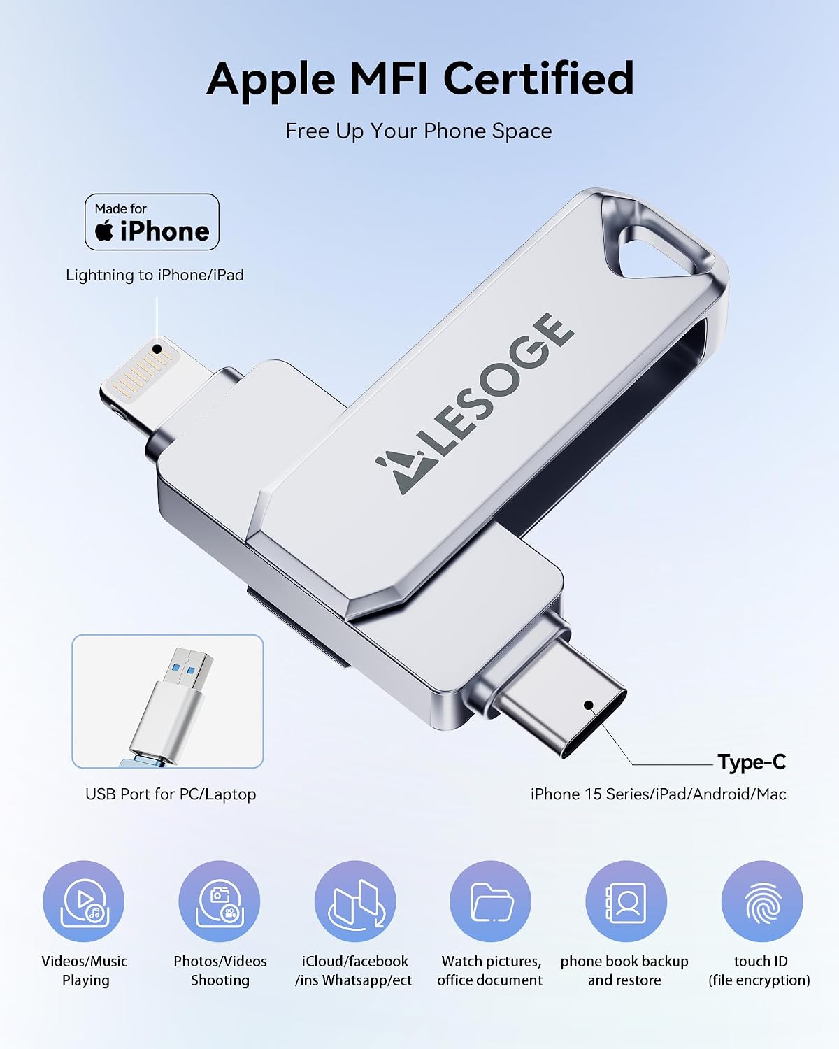 MFi Certified 256GB Flash Drive for iPhone Photo Stick Thumb Drive, USB Memory Stick iPhone Flash Drive for Photos Videos, High Speed Jump Drive External Storage for iPhone/iPad/Android/PC (Silver)