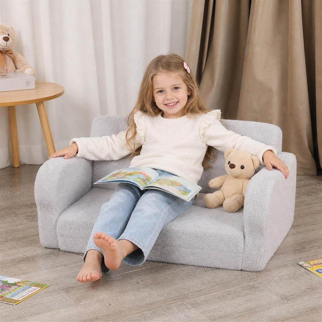 Extra Wide Toddler Chair, 2-in-1 Toddler Couch Fold Out, Convertible Kids Sofa to Lounger for Boys & Girls, Grey
