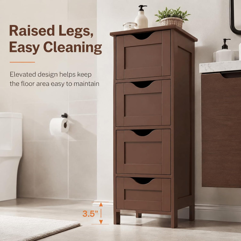 VINGLI 4-Drawer Bathroom Storage Cabinet, Slim Freestanding Floor Cabinet Organizer, 11.8" W x 11.8" D x 32.1" H, Narrow Linen Cabinet for Toiletries, Towels, Toilet Paper, Walnut Brown