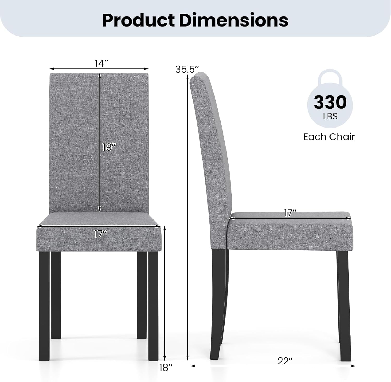 Giantex Upholstered Dining Chair Set of 2, Mid Century Modern Fabric Kitchen Chairs with Rubber Wood Legs, Thick Padded Seat, High Back, Side Armless Chairs for Living Dining Room (Gray)