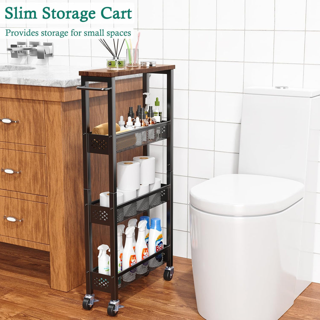 XYZLVSI Slim Storage Cart 4 Tier Narrow Kitchen Rolling Cart on Wheels for Small Space, Mobile Utility Cart Shelving Unit with Wooden Top and Metal Handle for Kitchen, Bathroom, Laundry Room