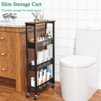 XYZLVSI Slim Storage Cart 4 Tier Narrow Kitchen Rolling Cart on Wheels for Small Space, Mobile Utility Cart Shelving Unit with Wooden Top and Metal Handle for Kitchen, Bathroom, Laundry Room