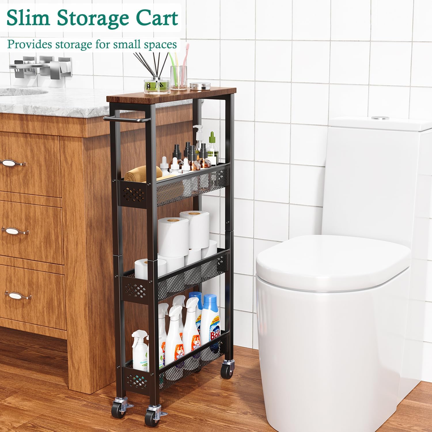 XYZLVSI Slim Storage Cart 4 Tier Narrow Kitchen Rolling Cart on Wheels for Small Space, Mobile Utility Cart Shelving Unit with Wooden Top and Metal Handle for Kitchen, Bathroom, Laundry Room