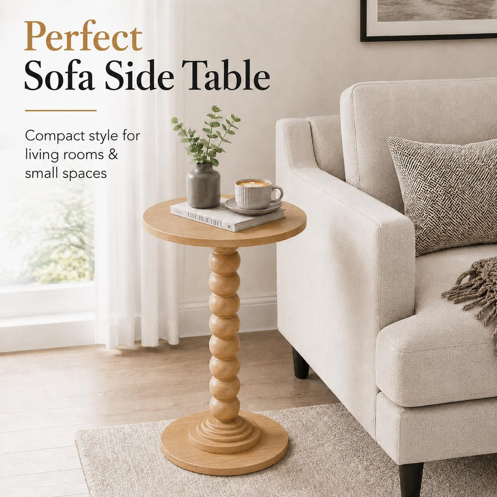 Round Side Table for Small Spaces, Modern Accent End Table with Solid Wood Legs, Versatile Drink Table for Living Room/Bedroom/Corners, Natural Wood
