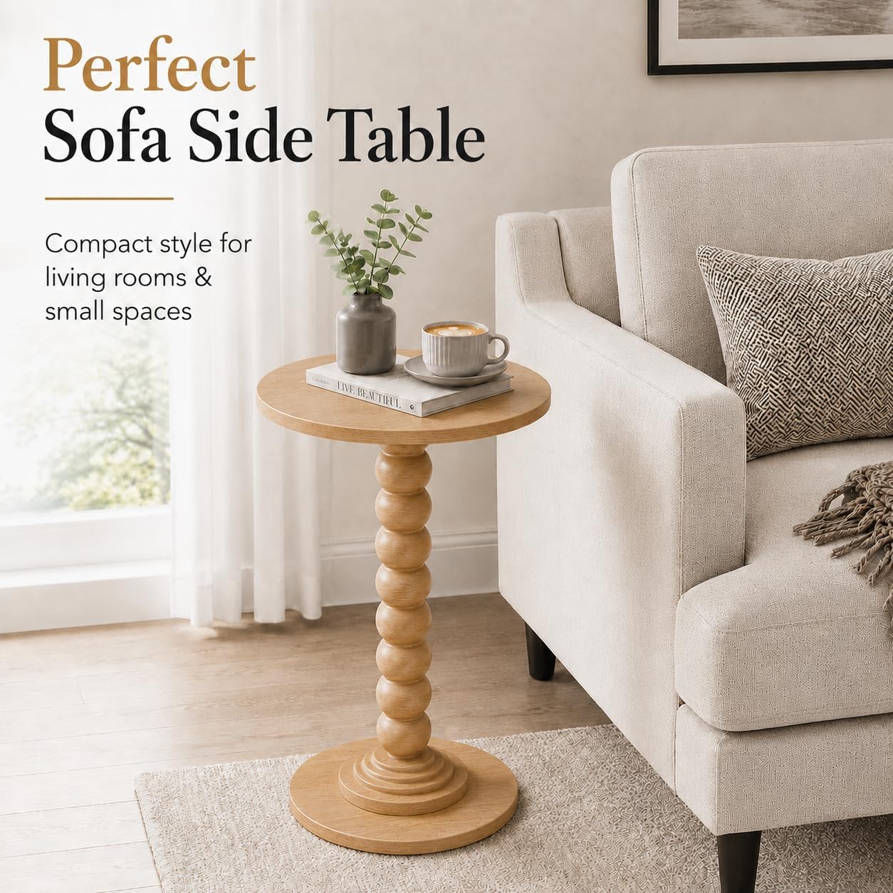 Round Side Table for Small Spaces, Modern Accent End Table with Solid Wood Legs, Versatile Drink Table for Living Room/Bedroom/Corners, Natural Wood