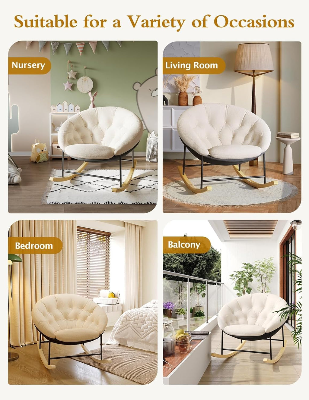 Kidirect Wide Rocking Chair Nursery, Comfy Saucer Nursery Rocking Chairs with Removable Cushion, Indoor Papasan Nursing Chair for Breastfeeding, Mecedora Para Adultos for Living Room & Bedroom (Beige)
