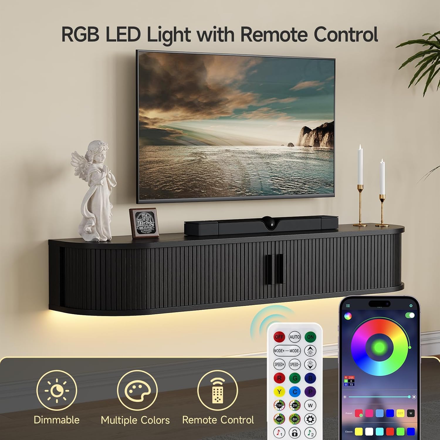 55" Floating TV Stand with Power Outlet for TVs up to 65", Fluted Entertainment Center with Remote Control for LED Lights, Mid-Century Modern TV Console w/Sliding Door for Living Room, Bedroom Black