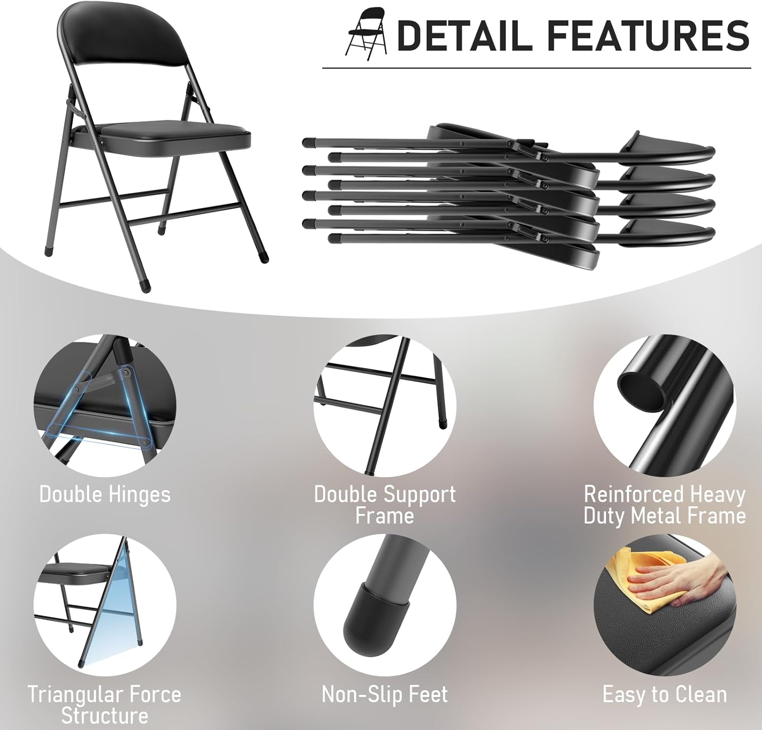 Black Padded Folding Chairs 6 Pack, 350LBS Heavy-Duty Steel Frame Foldable Chairs for Indoor Outdoor Wedding Party Dining Events