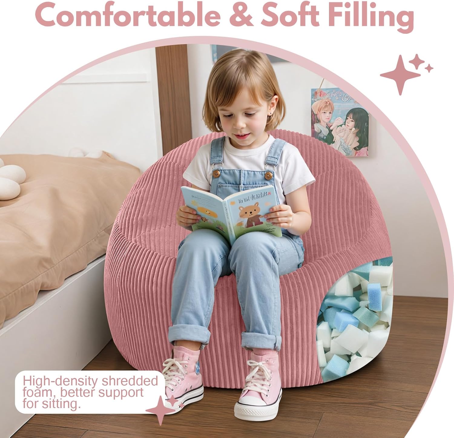 COMAX Bean Bag Chairs for Kids, Toddler BeanBag Sofa with Filler Bean Couch Stuffed for Boys and Girls, Lazy Floor Chair for Playroom, Nursery Room, Pink