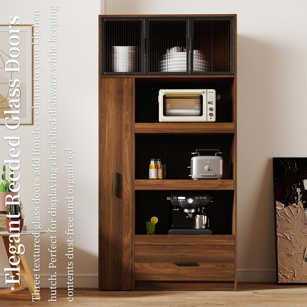 Tall Kitchen Hutch Cabinet with Pull-out Shelves & Drawer Freestanding Pantry Cabinet Large with Cable Management Glass Door Cupboard for Kitchen, Dining Room with Microwave Countertop Walnut Finish