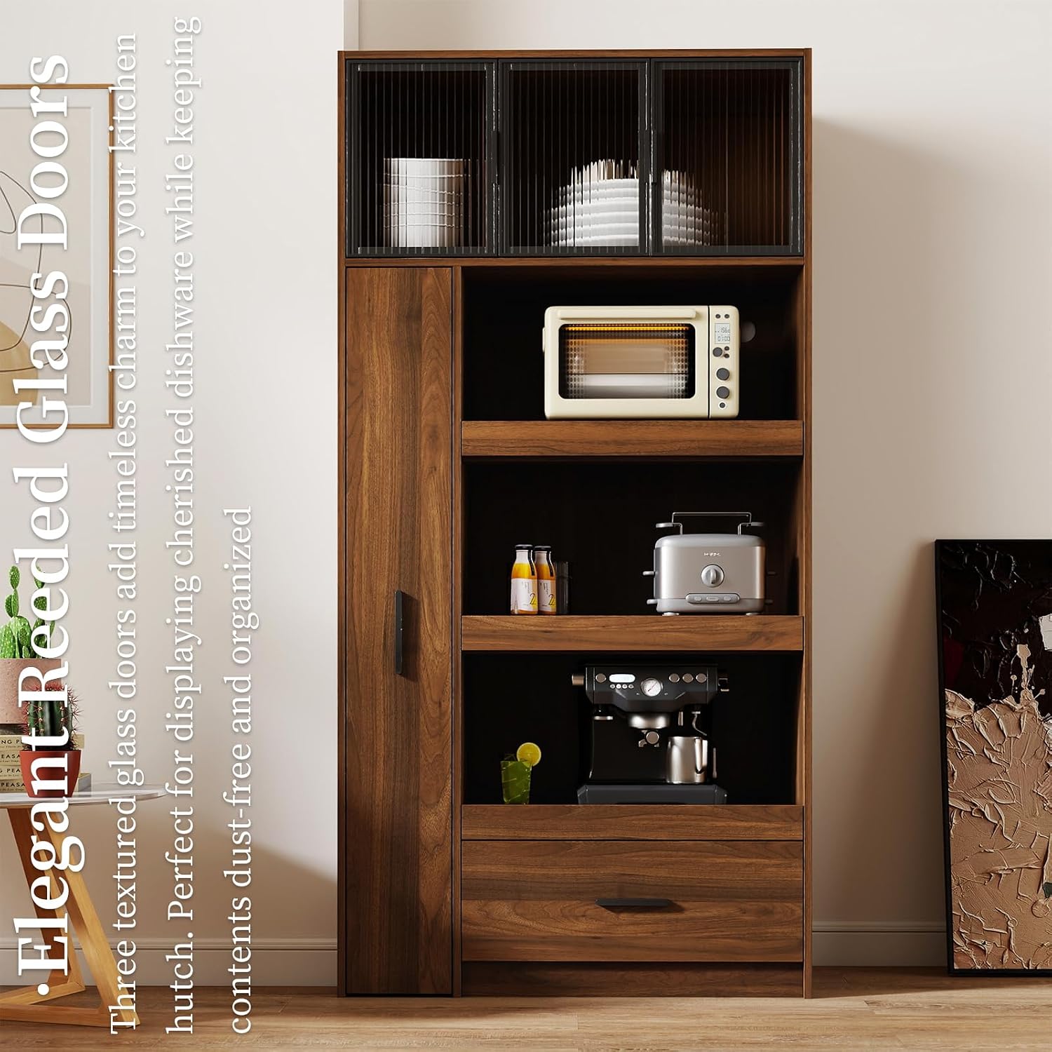 Tall Kitchen Hutch Cabinet with Pull-out Shelves & Drawer Freestanding Pantry Cabinet Large with Cable Management Glass Door Cupboard for Kitchen, Dining Room with Microwave Countertop Walnut Finish