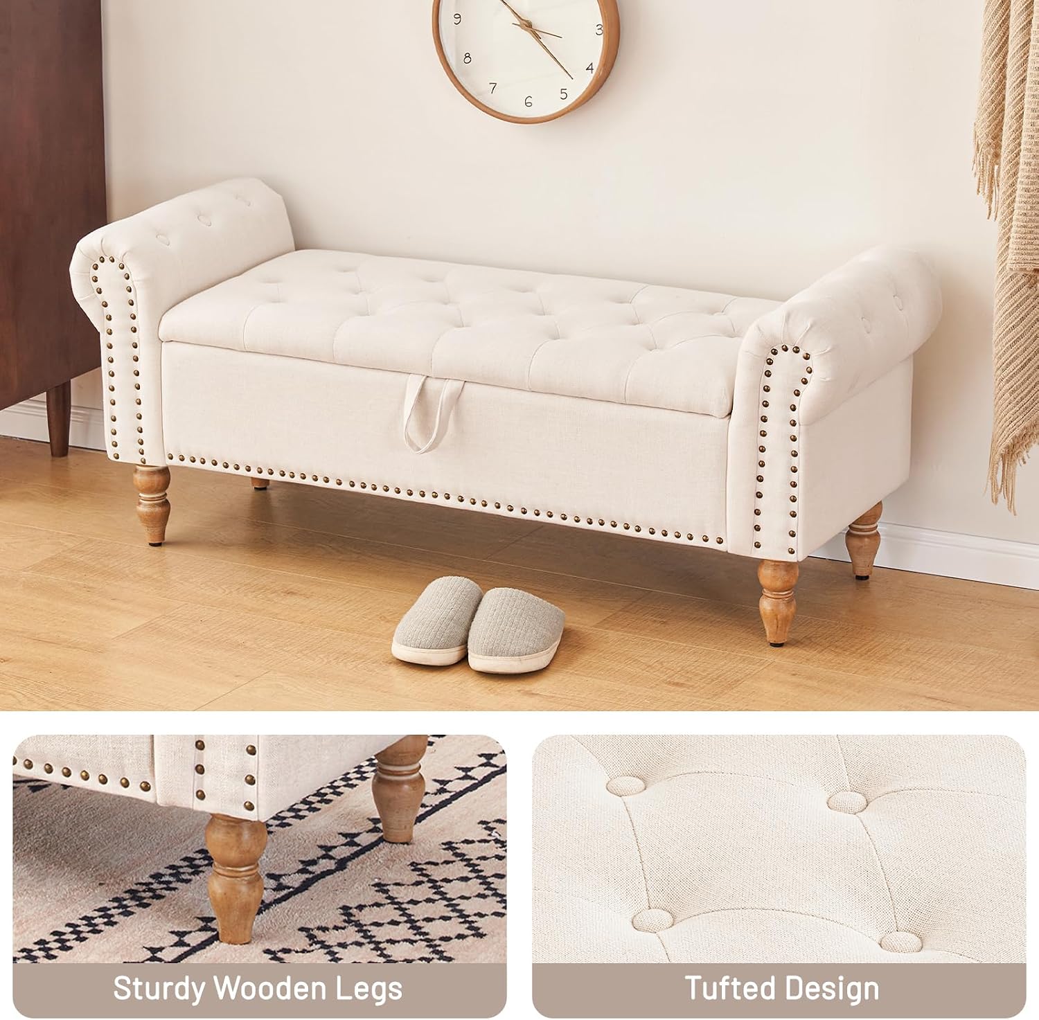 Furniliving 51” Storage Benches, End of Bed Bench with Button-Tufted Large Upholstered Storage Ottoman Linen Window Bench with Storage Shoe Cabinet Bench, for Bedroom, Entryway, Closet, Beige