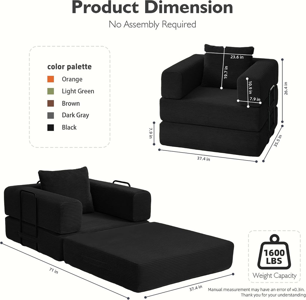 37.4in Convertible Sofa Bed, Corduroy Boneless Couch Bed, Futon Sleeper Sofa Pull Out Bed, Foldable Couch for Living Room Apartment, No Assembly Required