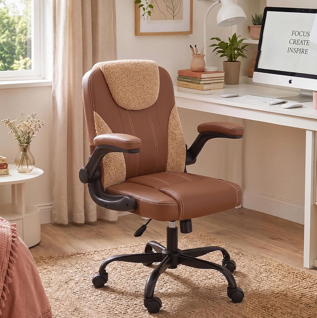 Pinmoco Comfortable Home Office Chair for Long Hours Sitting, Ergonomic Desk Chair with Teddy Fleece & PU Leather, Adjustable Swivel Computer Chair for Work from Home, Bedroom and Vanity Space, Brown