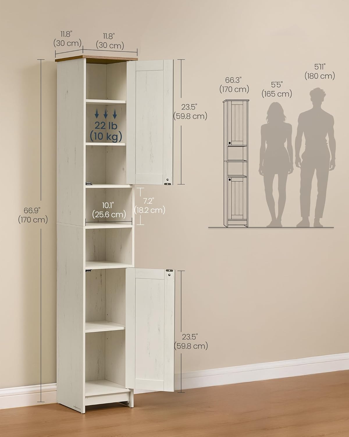 SONGMICS HOME 67-Inch Tall Bathroom Storage Cabinets, Superfast Toolless Assembly, 11.8-Inch Wide Slim Narrow Freestanding Cabinet with Adjustable Shelves, Kitchen Living Room, 2 Pack, Rustic White