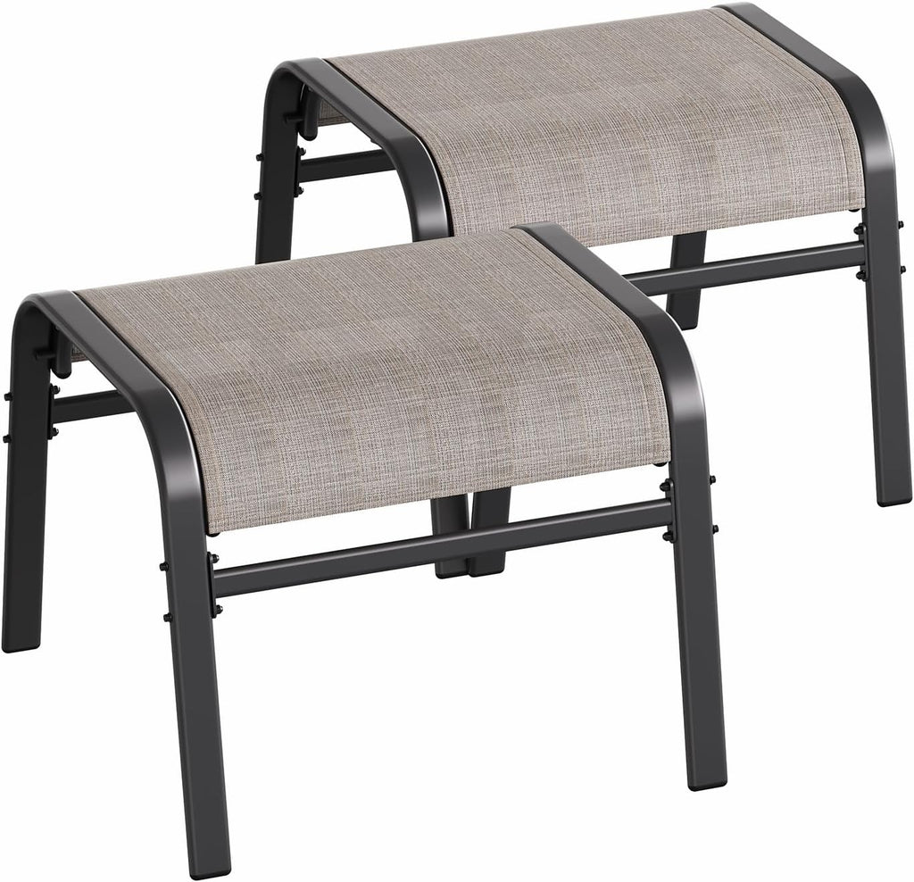 Outdoor Ottoman Set of 2, Comfort Outdoor Footstool with Supportive Textliene and Metal Frame, Stackable Oversized Outdoor Foot Rest for Patio, Garden, Pool, Balcony -Brown