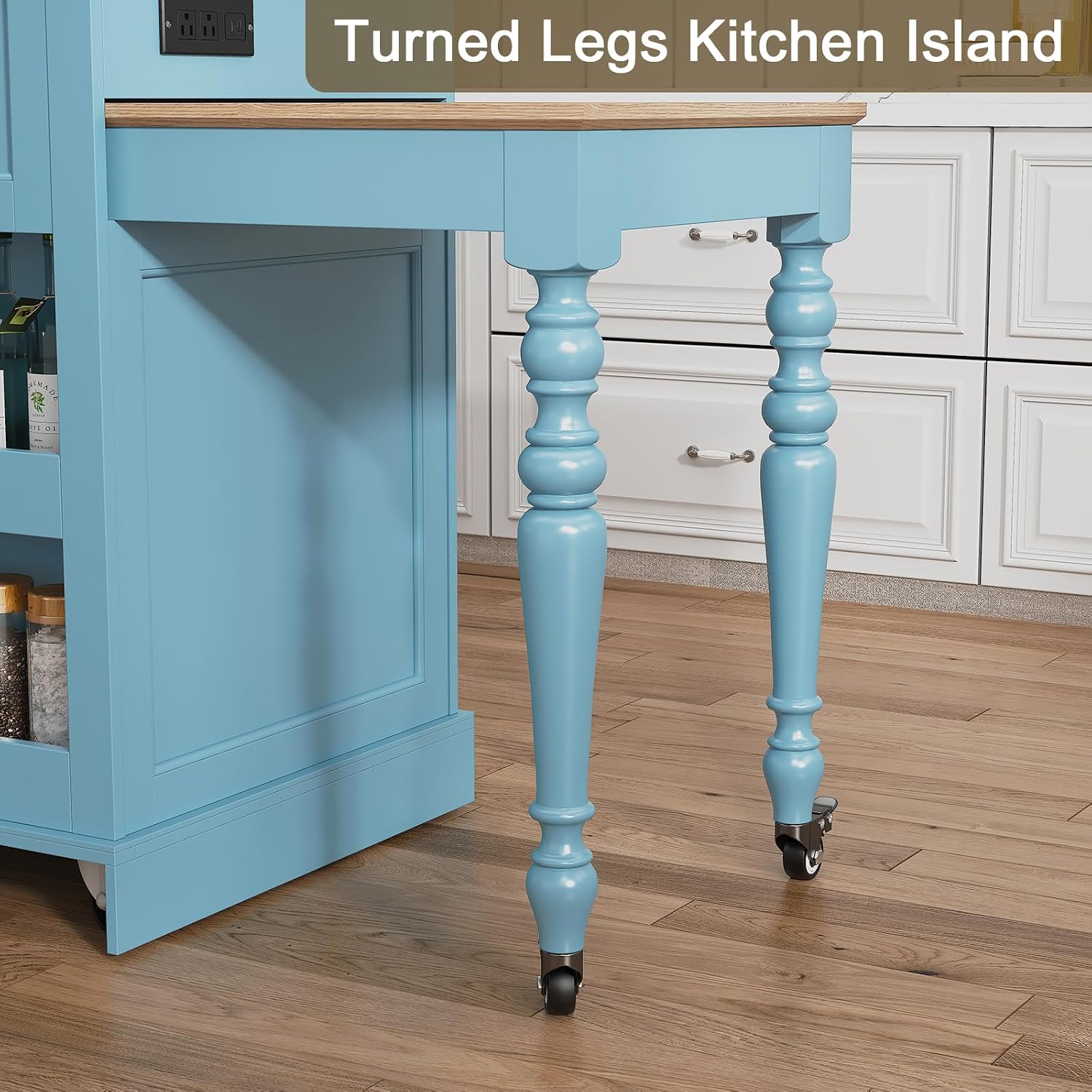 HLR 72" Kitchen Island with Extendable Table for 2-4, Island Table for Kitchen with Power Outlet and Storage Slide Out Legs, Rolling Islands Cart with 2 Doors (Blue)