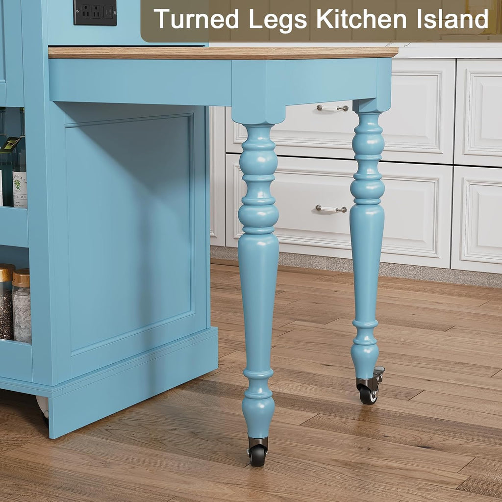 HLR 87.5" Kitchen Island with Extendable Table for 2-6, Rolling Islands Cart with 4 Doors, Mobile Kitchen Island with Storage Slide Out Legs and Power Outlet (Light Blue)
