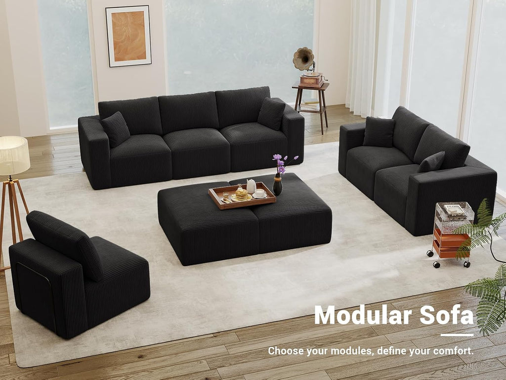Modular Sleeper Sofa Couch Modern Sectional Couches for Living Room - 79" L-Shaped Boneless Cloud Couch - Easy Assembly Corduroy Convertible Sponge Compression Sofas with Chaise for Home House(Black)