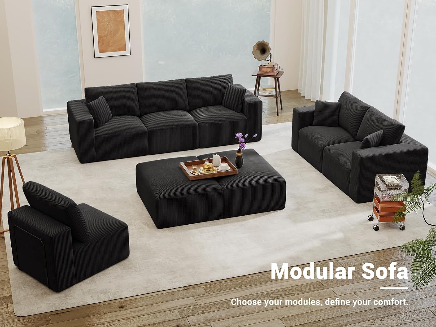 Modular Sleeper Sofa Couch Modern Sectional Couches for Living Room - 79" L-Shaped Boneless Cloud Couch - Easy Assembly Corduroy Convertible Sponge Compression Sofas with Chaise for Home House(Black)