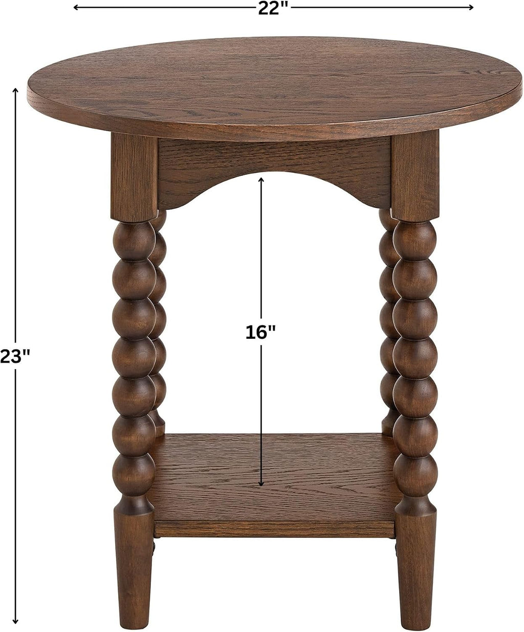 Pembroke 22” Round Cottage End Table with Spindle Legs, Lower Shelf Storage & Levelers, Rustic Oak Veneer & Pine Wood | Cocoa Brown