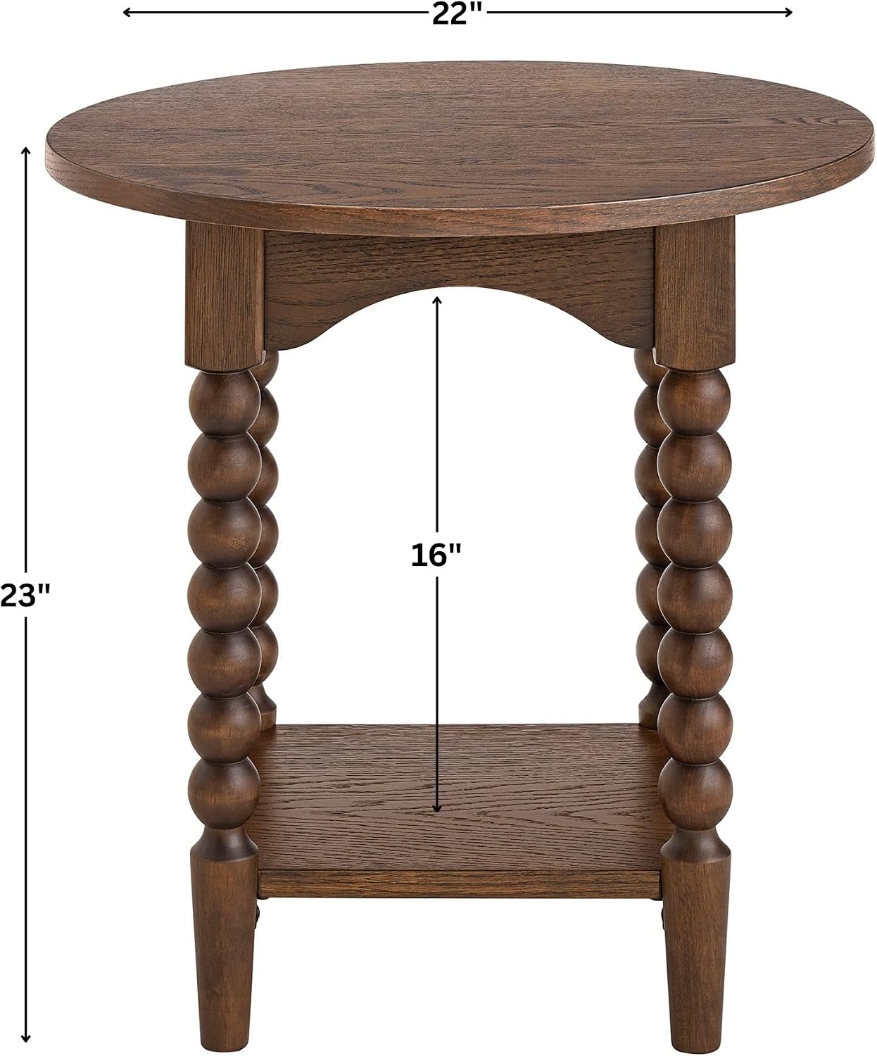 Pembroke 22” Round Cottage End Table with Spindle Legs, Lower Shelf Storage & Levelers, Rustic Oak Veneer & Pine Wood | Cocoa Brown