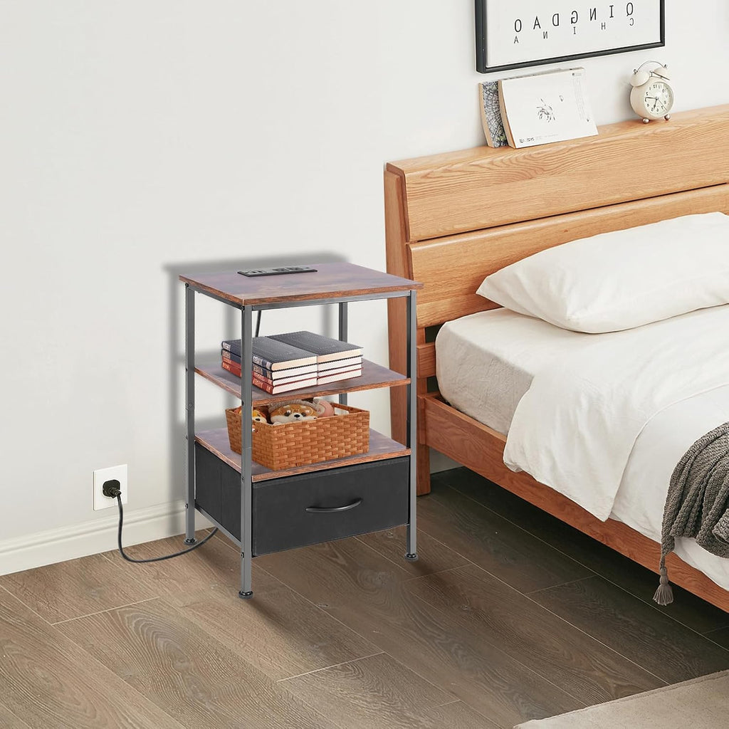Nightstands Set with Charging Station, Bedside Tables with USB Ports and Outlets, End Table with Fabric-Wood 2-in-1 Drawer for Small Spaces, Vintage Side Table for Bedroom, Living Room