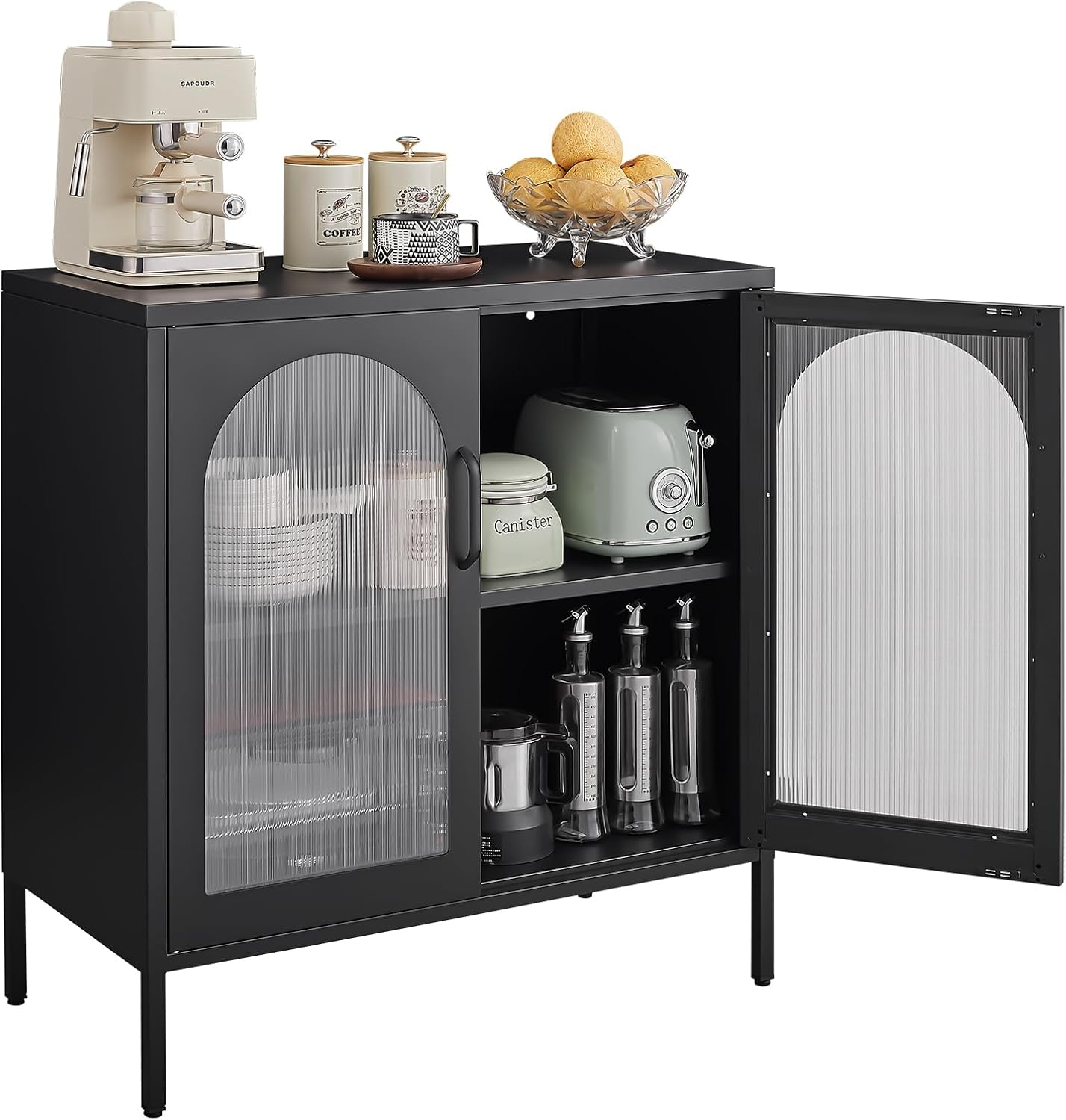 Buffet Cabinet, Modern Industrial Style Sideboard Buffet Cabinet, with Adjustable Shelves Credenza for Living Kitchen Dining Farmhouse, 15.8" L x 27.6" W x 35" H Black
