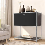 Modern Metal Side Table with Drop-Door & Open Shelf, 27.5" Height Silver & Orange Storage Cabinet for Living Room, Bedroom, Office - Nightstand, Bookshelf, for Small Spaces, Apartments & Dorms(Black)