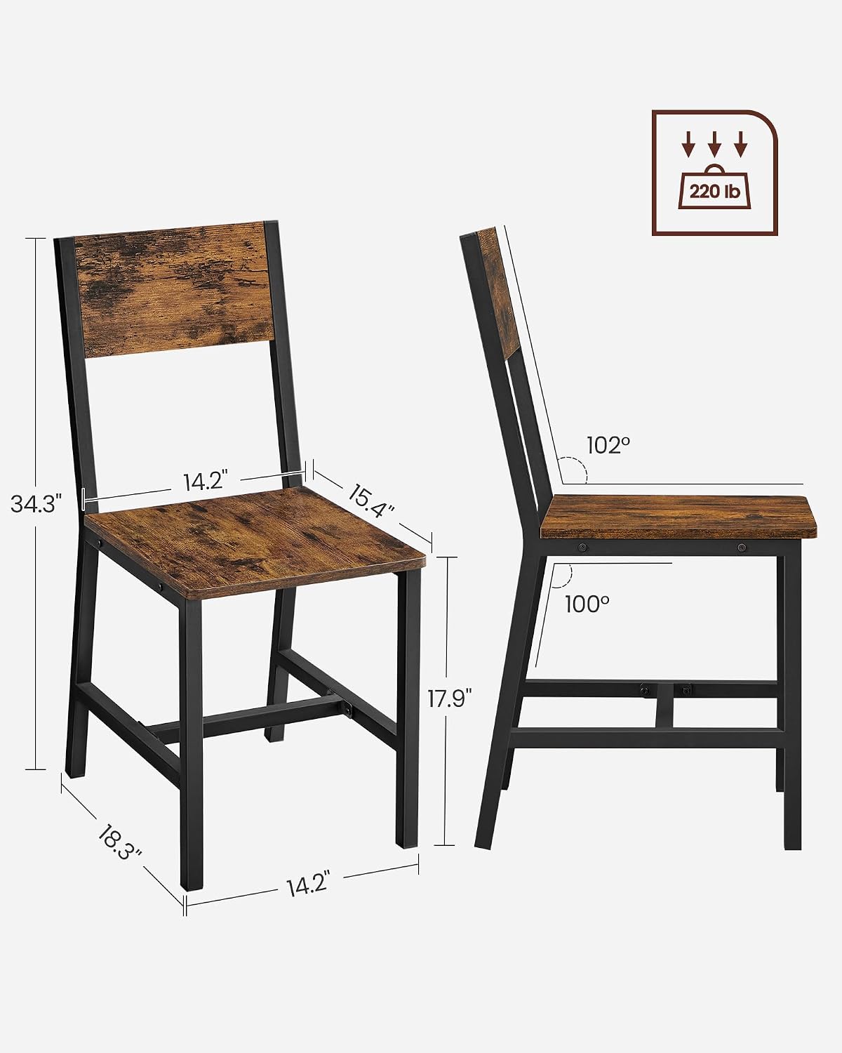 VASAGLE Dining Chair Set of 6, Wood Kitchen Chairs with Metal Steel Frame, Easy to Assemble, Comfortable Seat, Modern Farmhouse Chair for Kitchen, Bedroom, Living Room, Rustic Brown and Ink Black