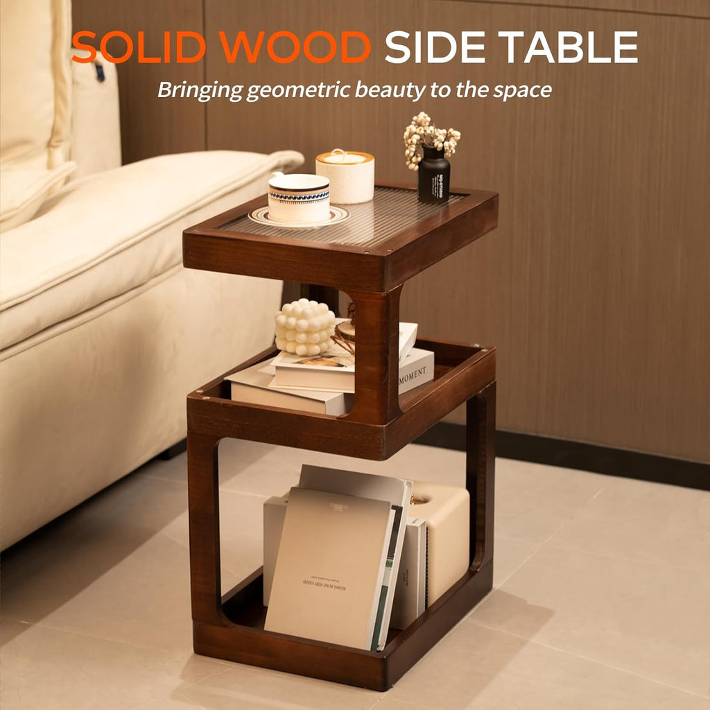 Solid Wood End Table, 3-Tier Small Side Table with Fluted Acrylic Top, Rectangular Geometric Retro Accent Table with Open Storage for Small Spaces, Living Room, Bedroom, 100% Pine, Brown