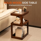 Solid Wood End Table, 3-Tier Small Side Table with Fluted Acrylic Top, Rectangular Geometric Retro Accent Table with Open Storage for Small Spaces, Living Room, Bedroom, 100% Pine, Brown