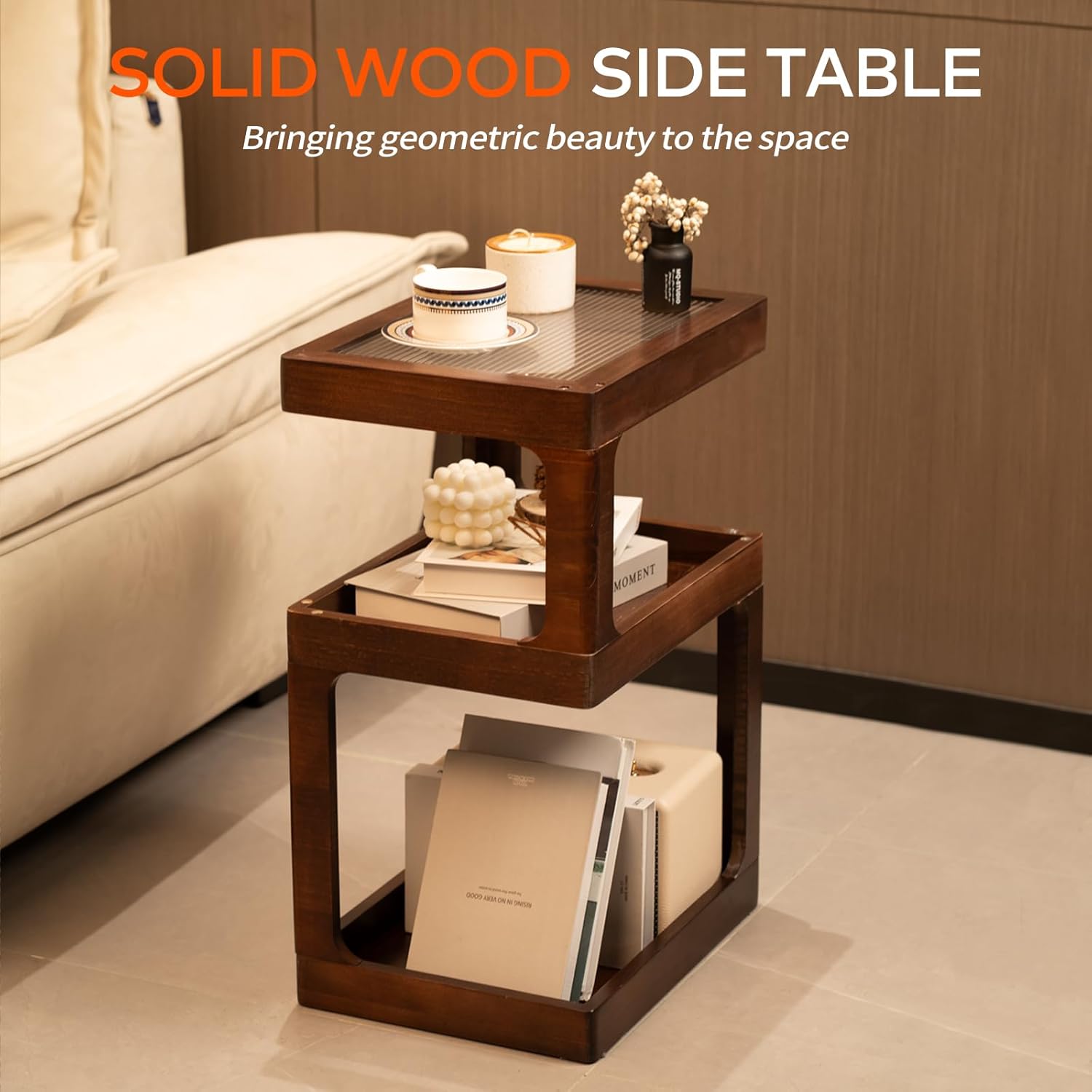Solid Wood End Table, 3-Tier Small Side Table with Fluted Acrylic Top, Rectangular Geometric Retro Accent Table with Open Storage for Small Spaces, Living Room, Bedroom, 100% Pine, Brown