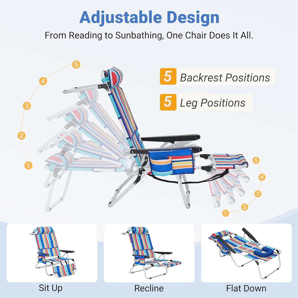 5 Position Folding Beach Chair with Face Hole, Portable Backpack Foldable Lounge Chair w/Headrest&Armrest,Heavy Duty Lay Flat Tanning Chair for Face Down Reading for Adult,440lb Capacity,Blue Stripes