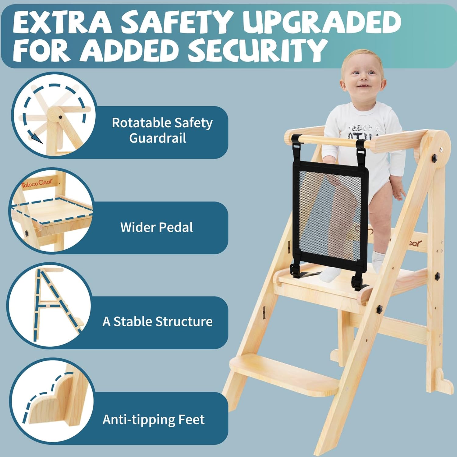 Foldable Toddler Tower, 3 Adjustable Height Toddler Standing Tower, Wooden Kids Kitchen Stool Helper with Safety Rails, Space Saving Kids Step Stool - Ages 18 Months to 6 Years