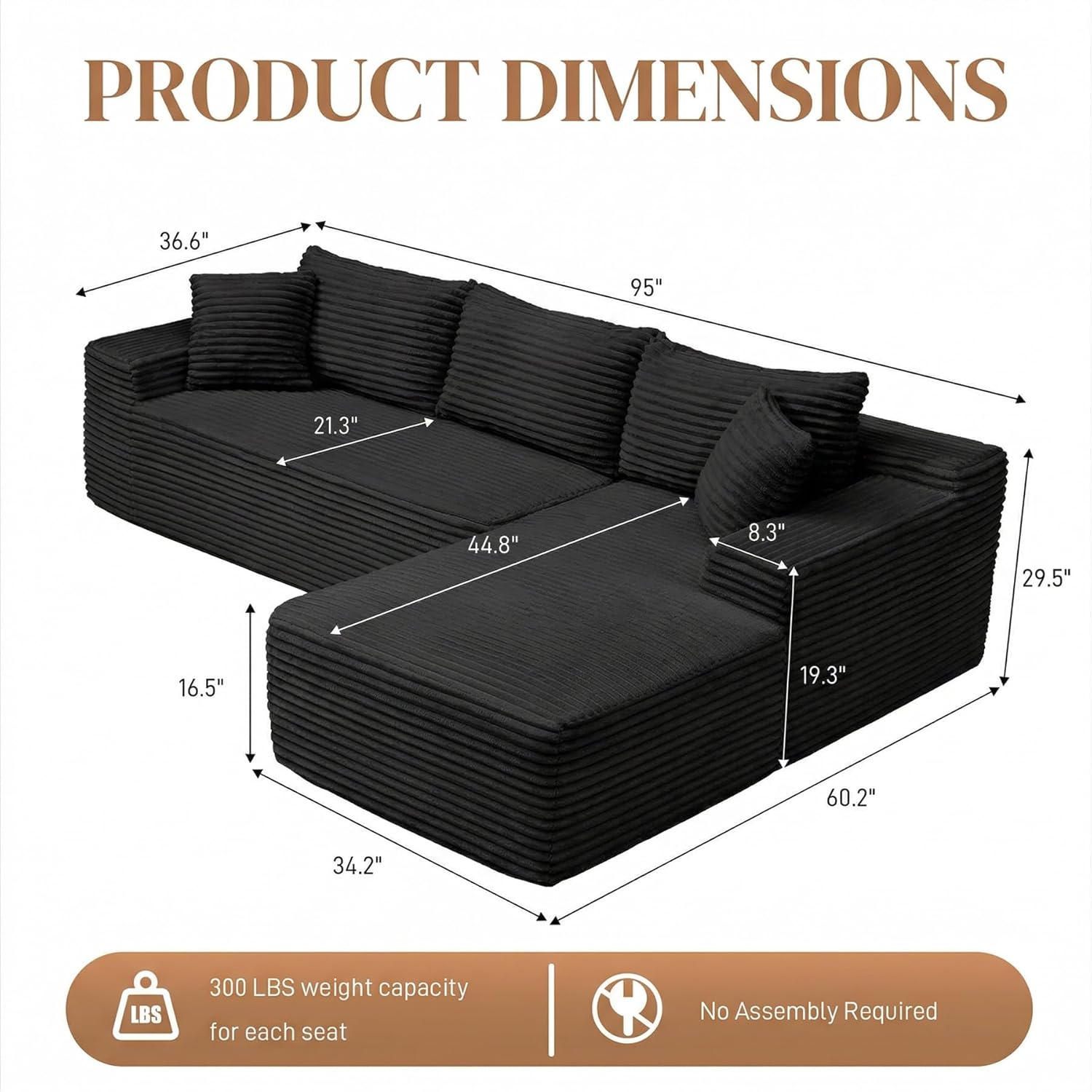 95" L Shaped Cloud Boneless Sectional Couches for Living Room, Modern Comfy Modular Deep Seat Memory Foam Compressed Corduroy Sofa Oversized Right Facing Chaise, No Assembly Required, Balck