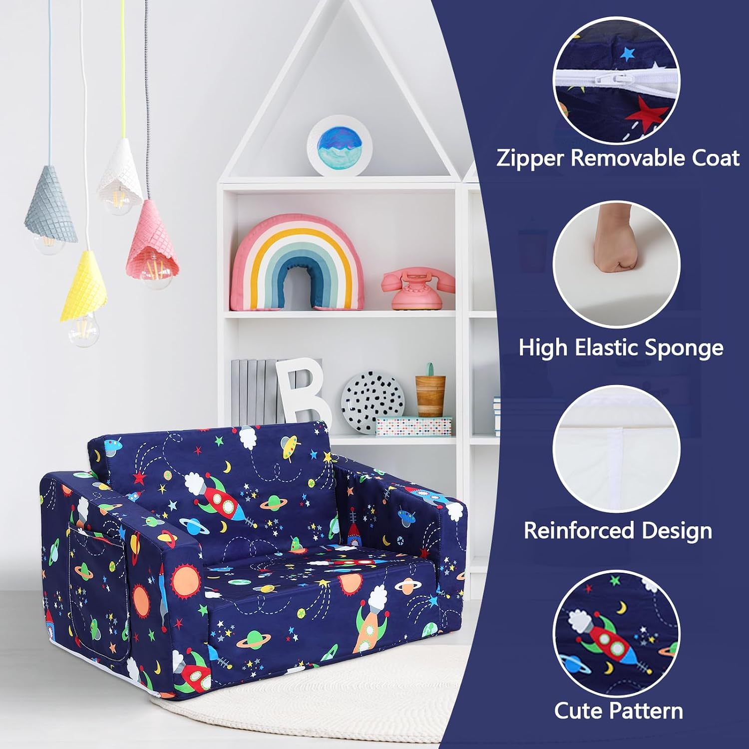 decalsweet Kids Couch Convertible Sofa to Lounger for Toddler Boy, Foldable 2-in-1 Kids Sofa Bed, Toddler Chairs Comfy for Bedroom Playroom, Blue Rocket