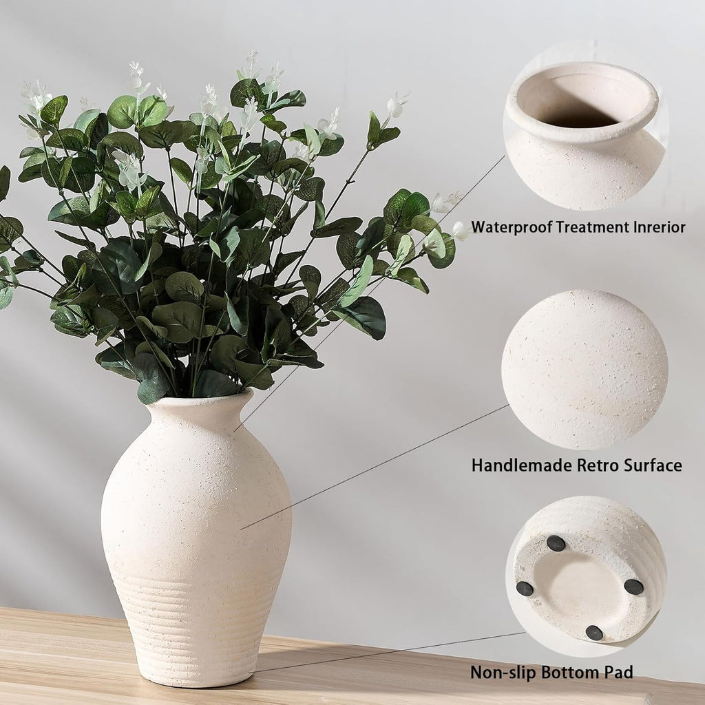 LUKA Ceramic Rustic Farmhouse Vase, 9.2 inch Whitewashed Terracotta Vase, Pottery Decorative Vases,Clay Decorative Vases for Home Decor, Table, Living Room, Shelf, Mantel Decoration(Off-White)