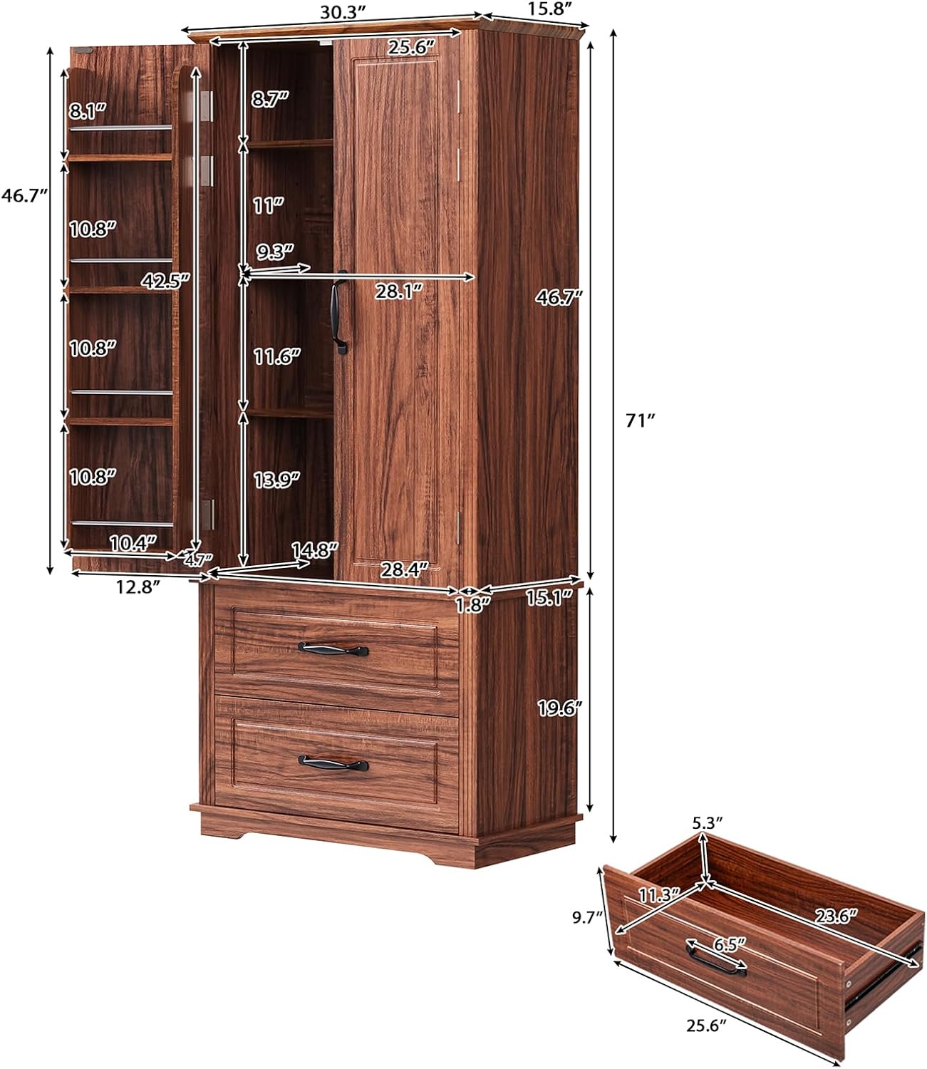 Pantry Cabinet with 2 Large Drawers, Embossed Texture Freestanding Cupboard with 8 Door Shelves and 3 Cabinet Shelves for Kitchen, Dining Room, Living Room