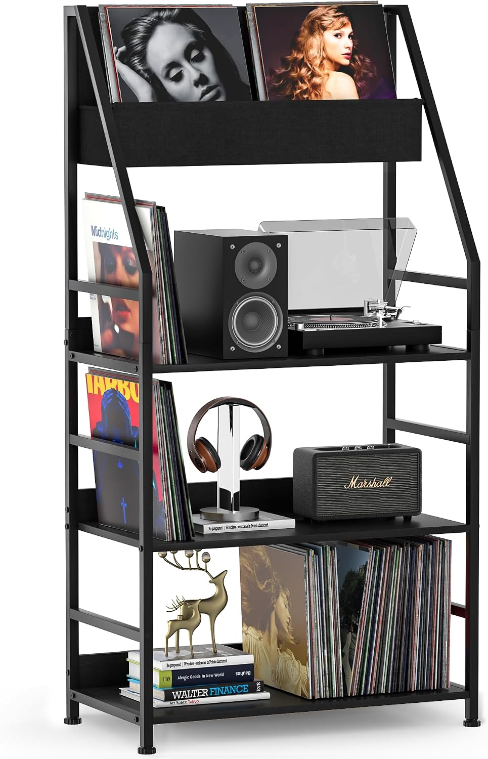 Record Player Stand Shelf for Vinyls Storage, 3 Tier Display Shelf Holds up to 400 Albums, Large Record Holder Console Table Cabinet for Living Room, Black