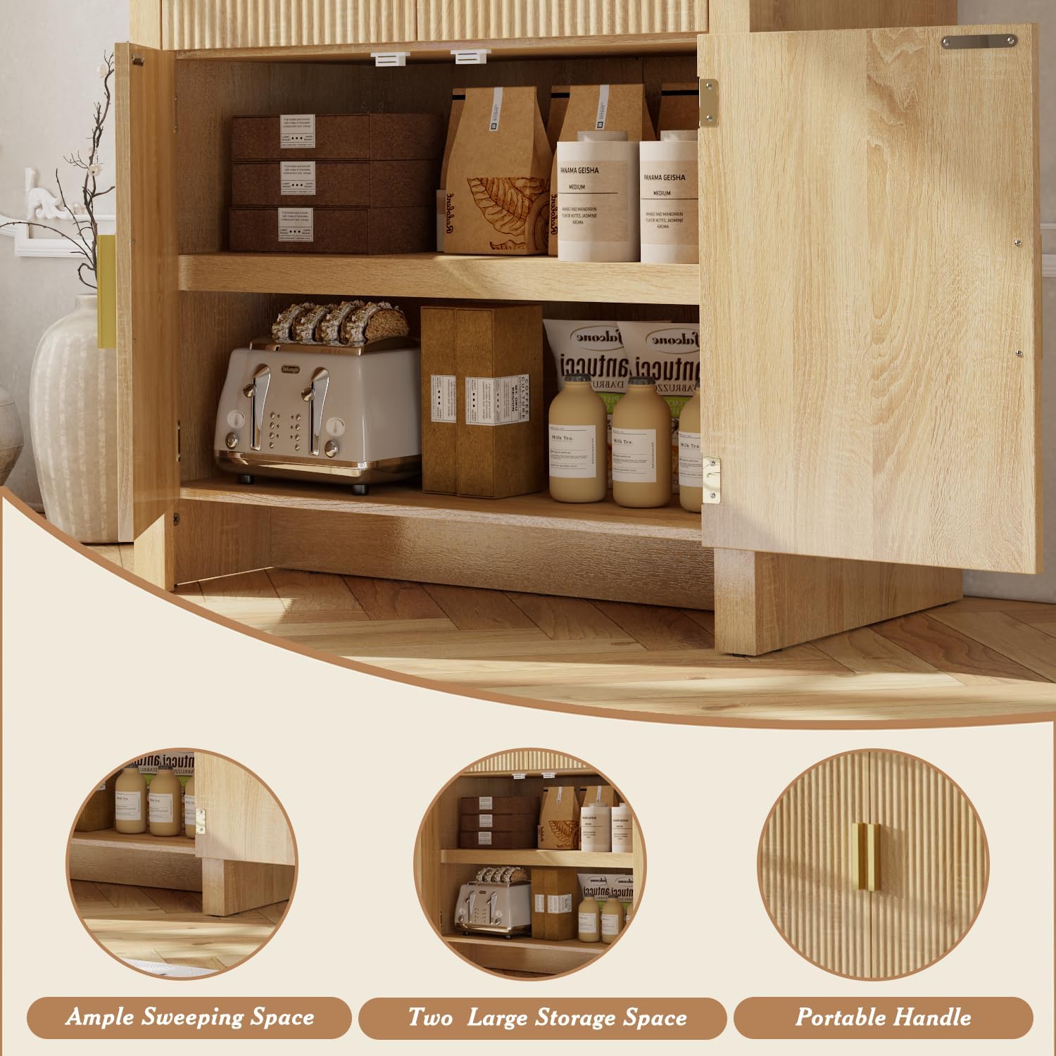 OFIKA 71" Arched Kitchen Pantry Cabinet, Fluted Wood Storage with 3 Adjustable Shelves & 6 Door Shelves, Modern Organizer for Kitchen, Bathroom, Natural Wood Finish (Wood)