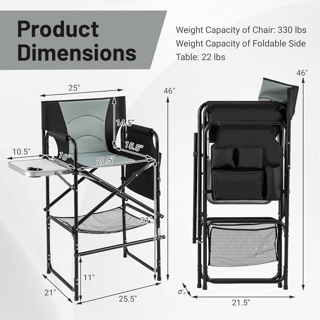 COSTWAY 46" Tall Directors Chair, Folding Makeup Artist Chair with Foldable Side Table & Footrest, Extra Cup Holder, Bottom Mesh Bag & Storage Pocket, Camping Chair for Lawn & Yard, Black+Gray
