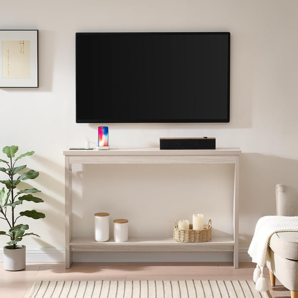 Console Table with Power Outlet and USB Port, 47" Long Behind Couch Table with Charging Station, Narrow Sofa Table for Entryway, Living Room, Foyer, Hallway, White Oak Grey
