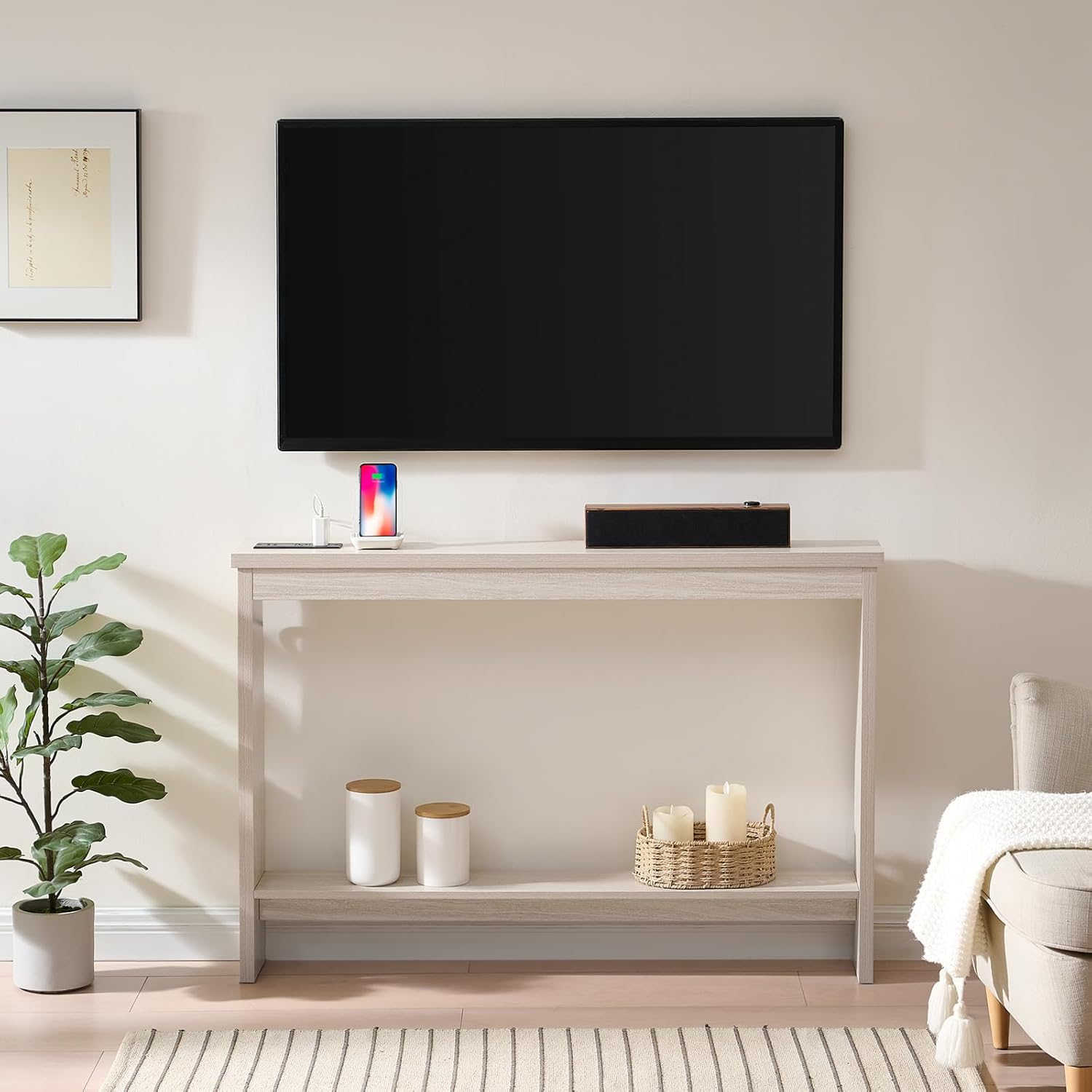 Console Table with Power Outlet and USB Port, 47" Long Behind Couch Table with Charging Station, Narrow Sofa Table for Entryway, Living Room, Foyer, Hallway, White Oak Grey