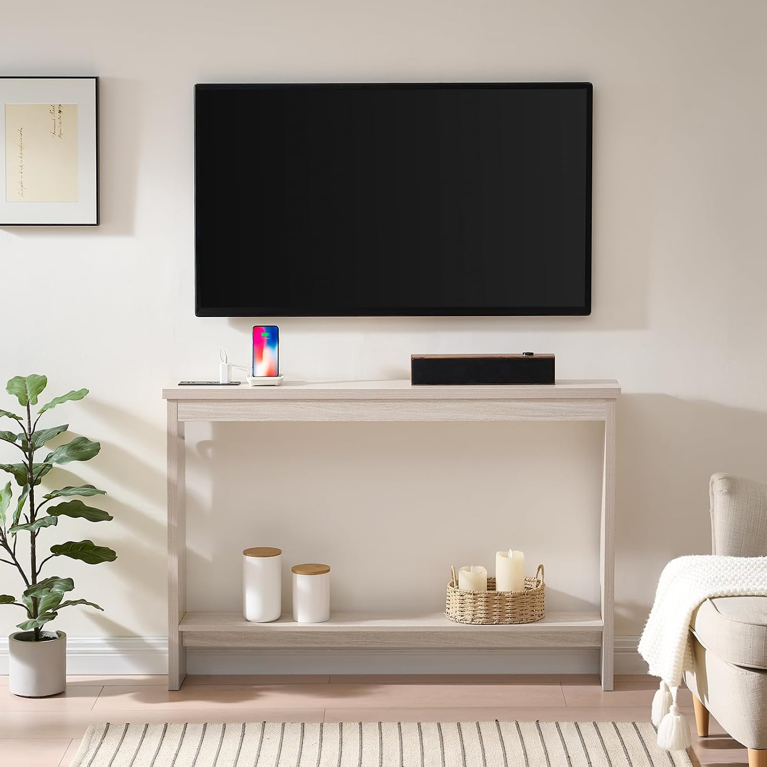 Console Table with Power Outlet and USB Port, 47" Long Behind Couch Table with Charging Station, Narrow Sofa Table for Entryway, Living Room, Foyer, Hallway, White Oak Grey